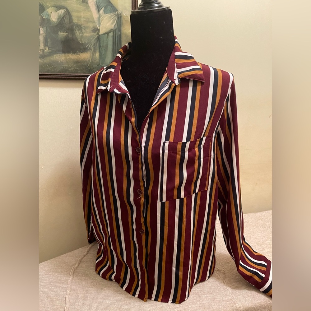 Forever 21 Burgundy and Mustard Striped Button-Down Shirt